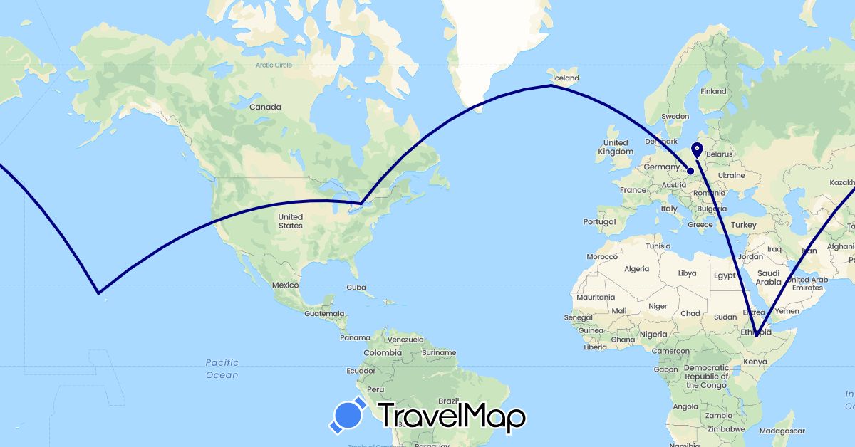 TravelMap itinerary: driving in Canada, Ethiopia, Iceland, Poland, United States (Africa, Europe, North America)
