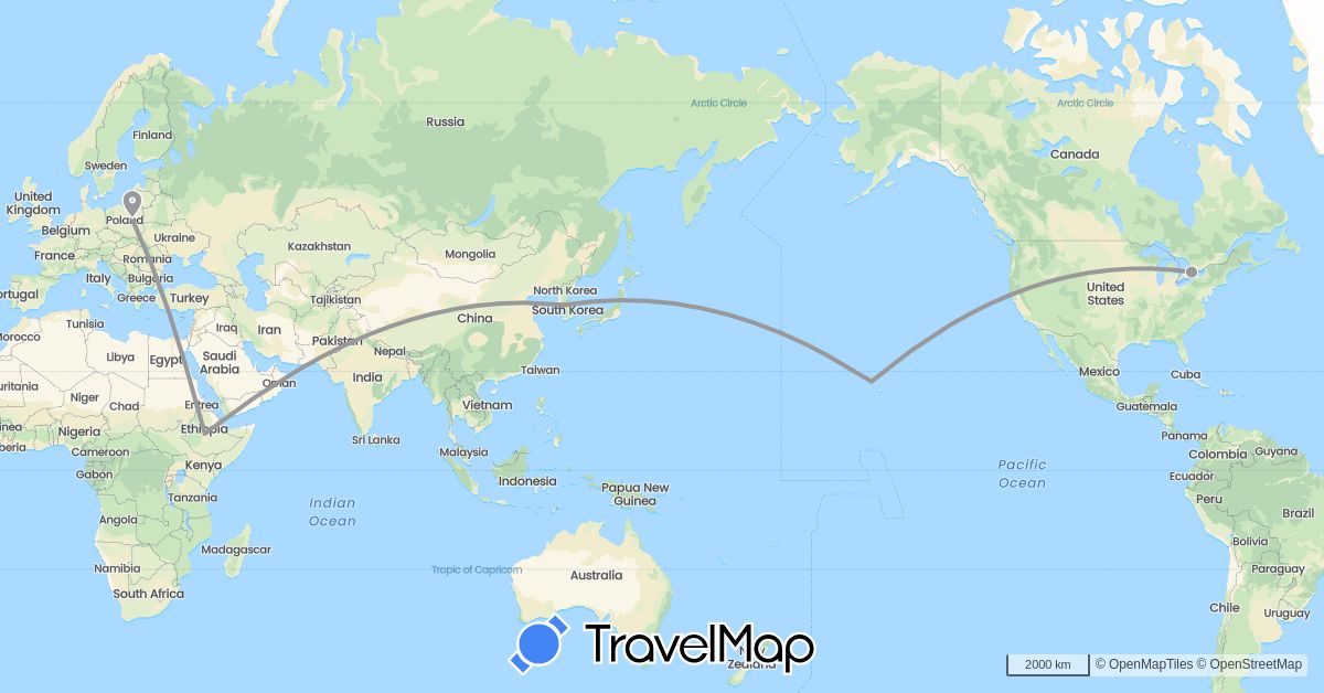 TravelMap itinerary: plane in Canada, Ethiopia, South Korea, Poland, United States (Africa, Asia, Europe, North America)